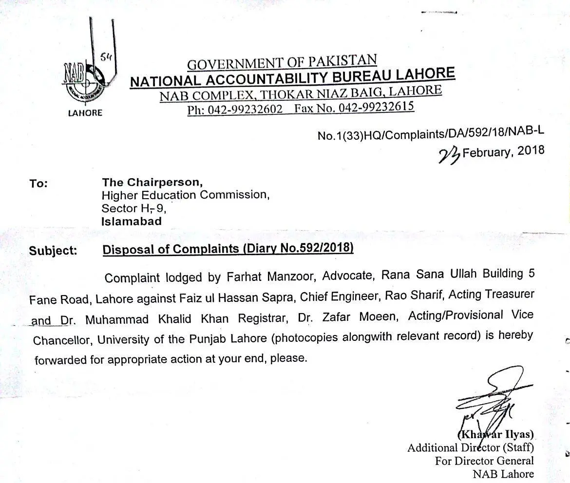 NAB requests HEC to act against former PU VC Dr Nasir