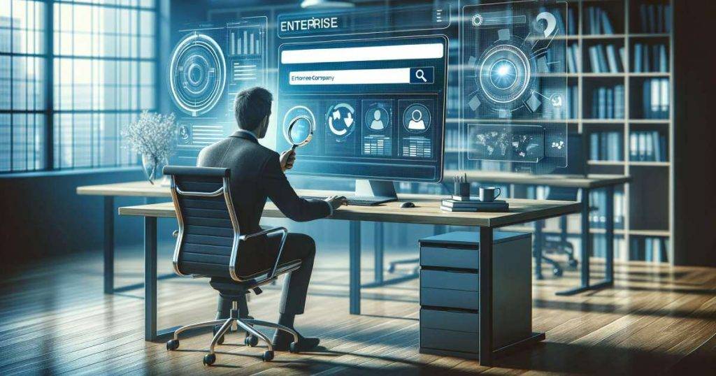 a futuristic office that utilizes an AI enterprise search platform