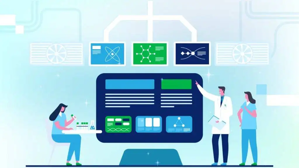 Healthcare team analyzing graphs and reports for quality improvement, driven by knowledge management for healthcare